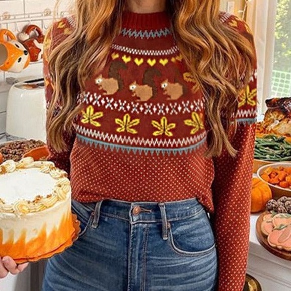 Sweaters - Squirrel Knitted Sweater - Burnt Orange Fall Fair Isle Squirrel Sweater - L